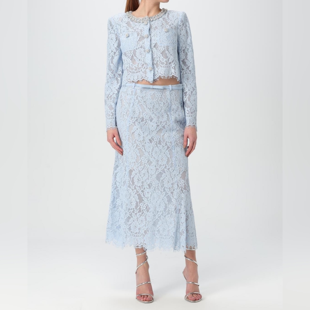 Self Portrait Elegant Lace Midi Skirt - Light Blue